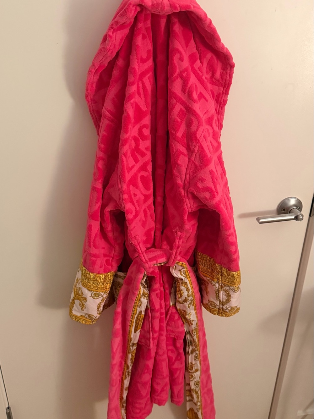 Versace Hot Pink Plush Logo-Textured Hooded Robe
